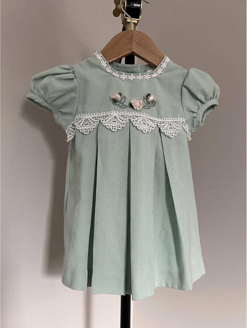 Vintage Cuddle Bear Sage Green Heirloom Dress - Rose Embroidery & Lace - 18M